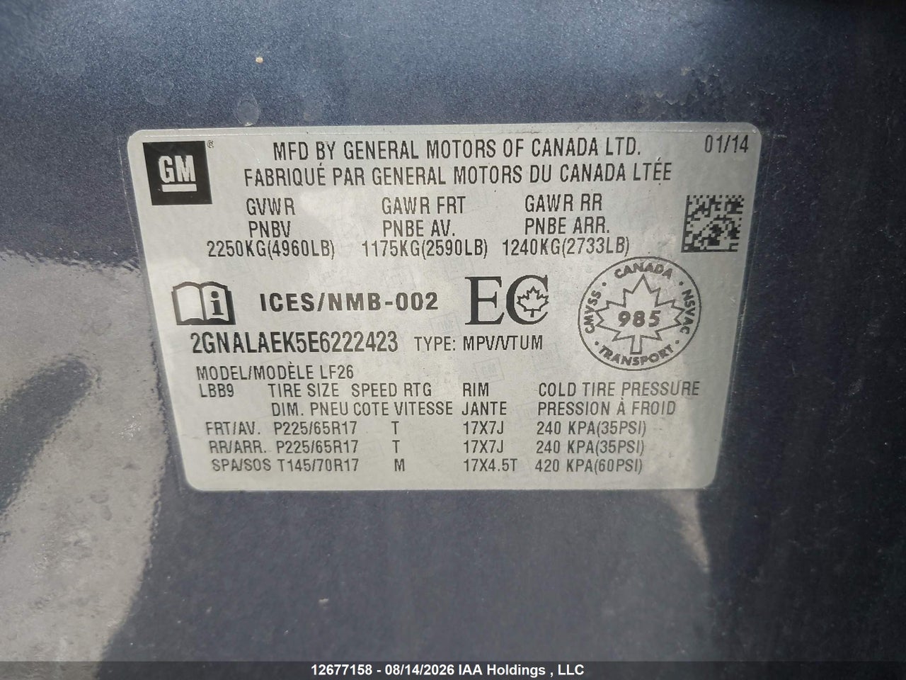 2GNALAEK5E6222423 · 2014 CHEVROLET EQUINOX LS · 9/20