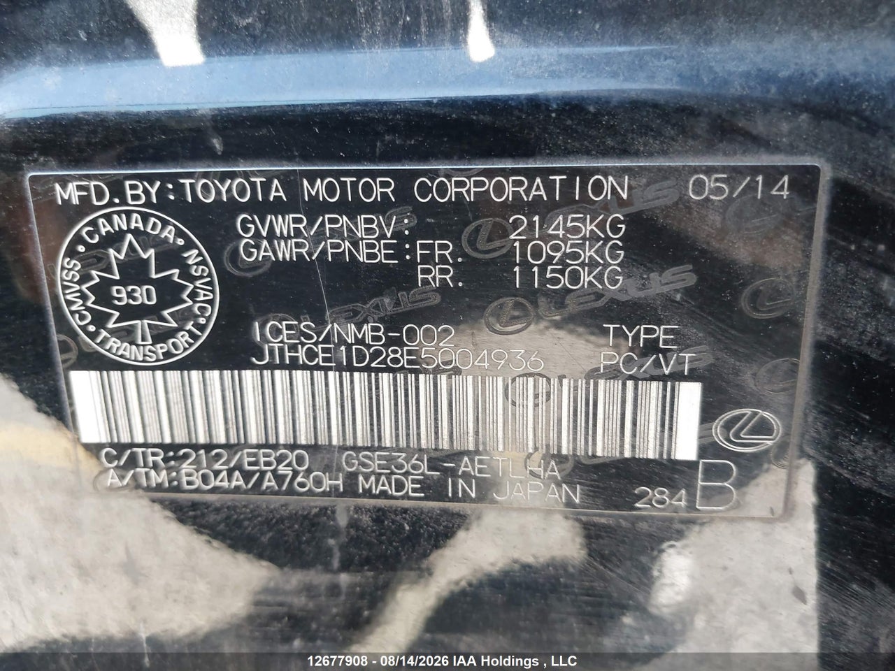JTHCE1D28E5004936 · 2014 LEXUS IS 350 · 9/21
