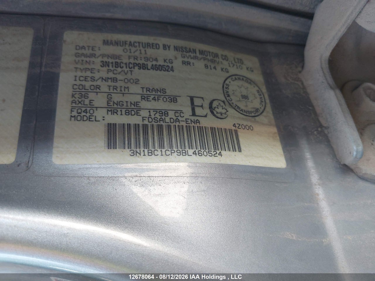 3N1BC1CP9BL460524 · 2011 NISSAN VERSA S/SL · 9/19