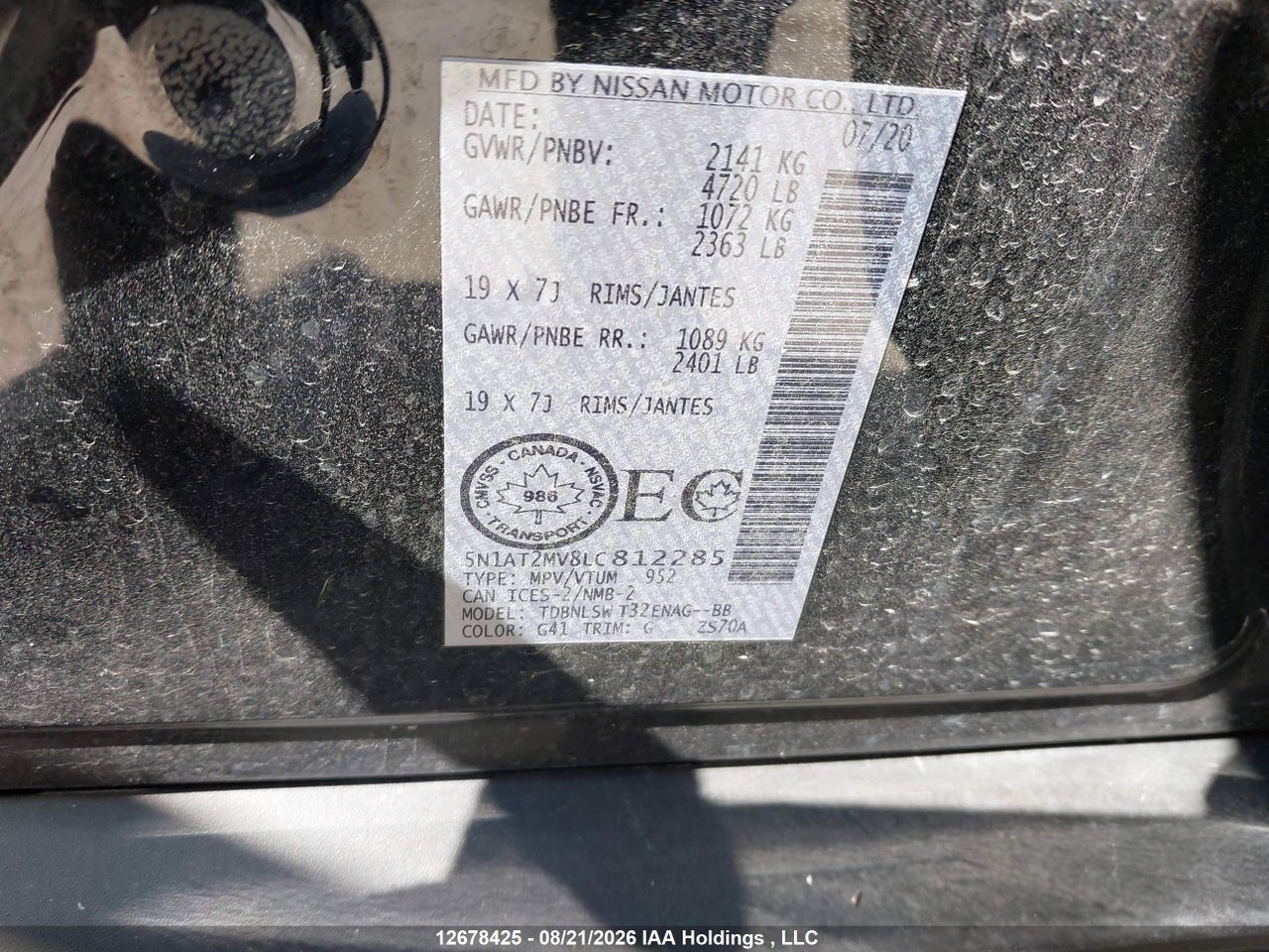 5N1AT2MV8LC812285 · 2020 NISSAN ROGUE S/SL/SV · 9/18