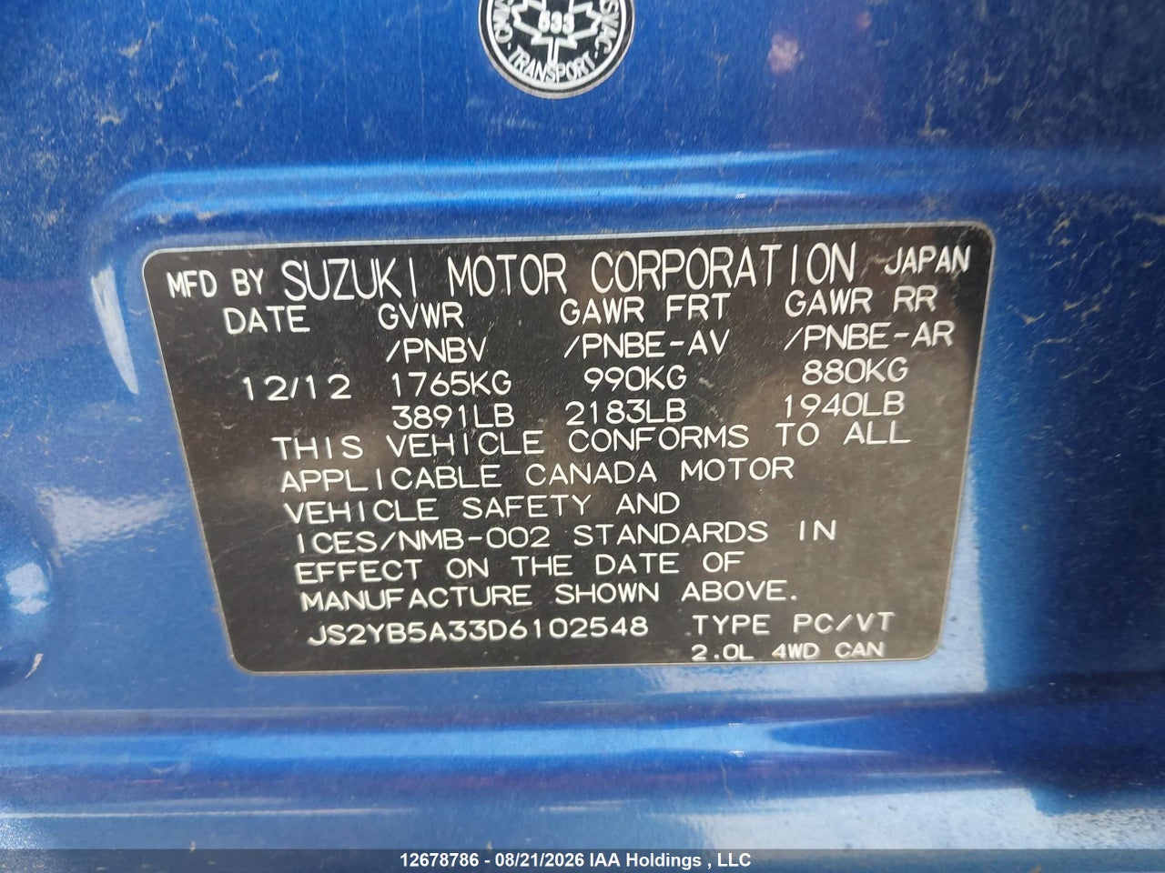 JS2YB5A33D6102548 · 2013 SUZUKI SX4 · 9/19
