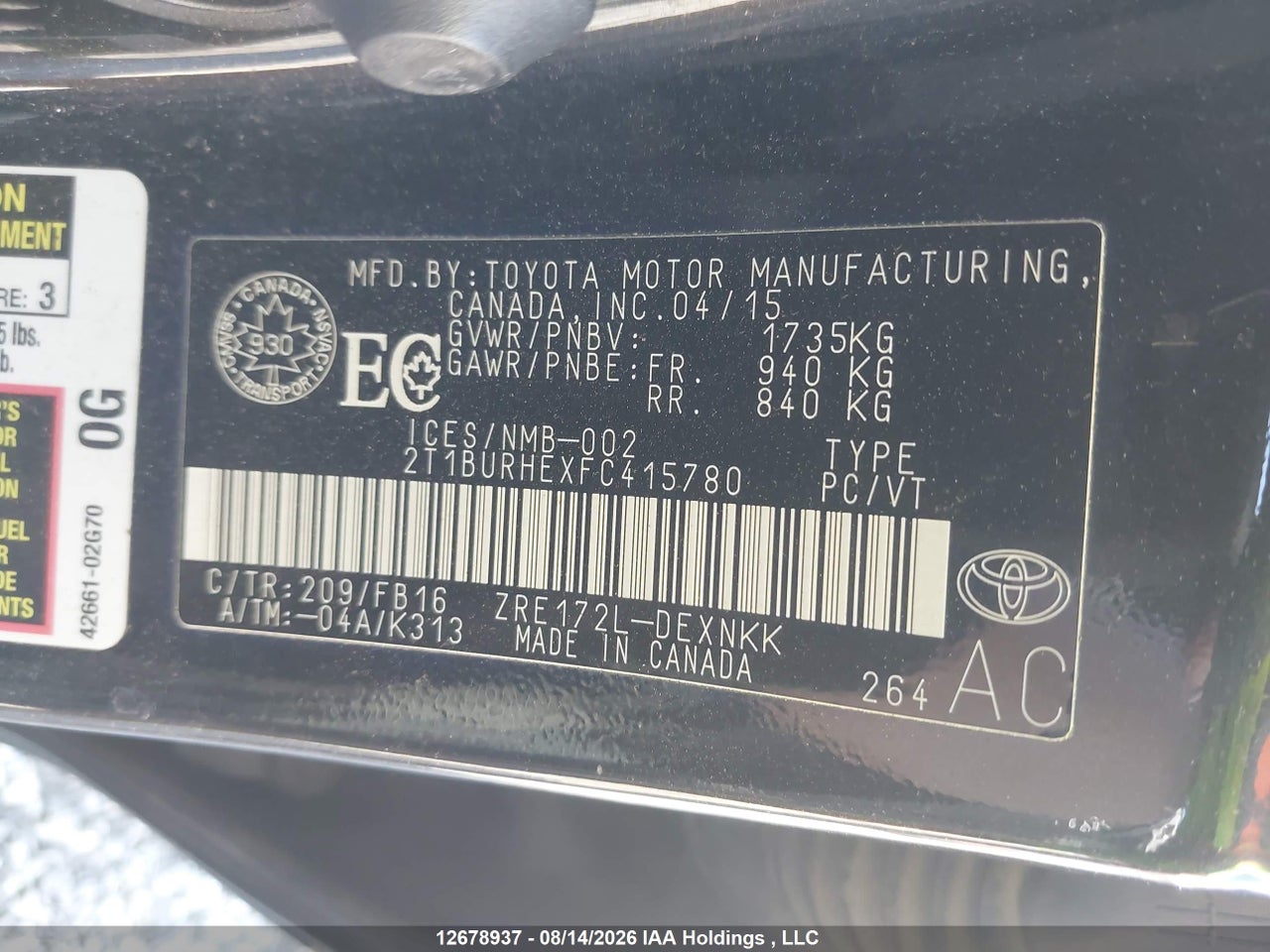 2T1BURHEXFC415780 · 2015 TOYOTA COROLLA L/LE/LE PLS/PRM/S/S PLS · 9/18
