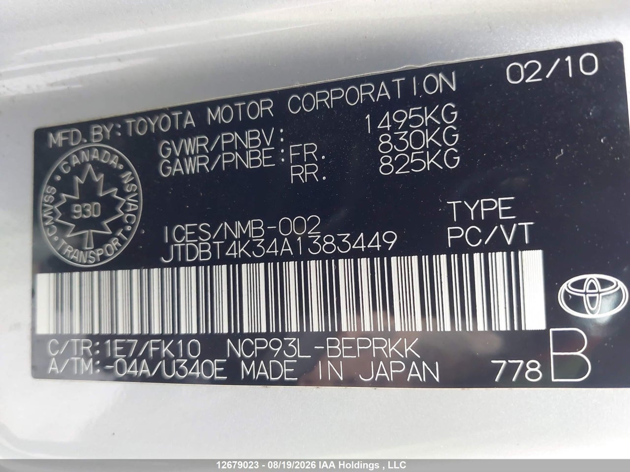 JTDBT4K34A1383449 · 2010 TOYOTA YARIS · 9/20