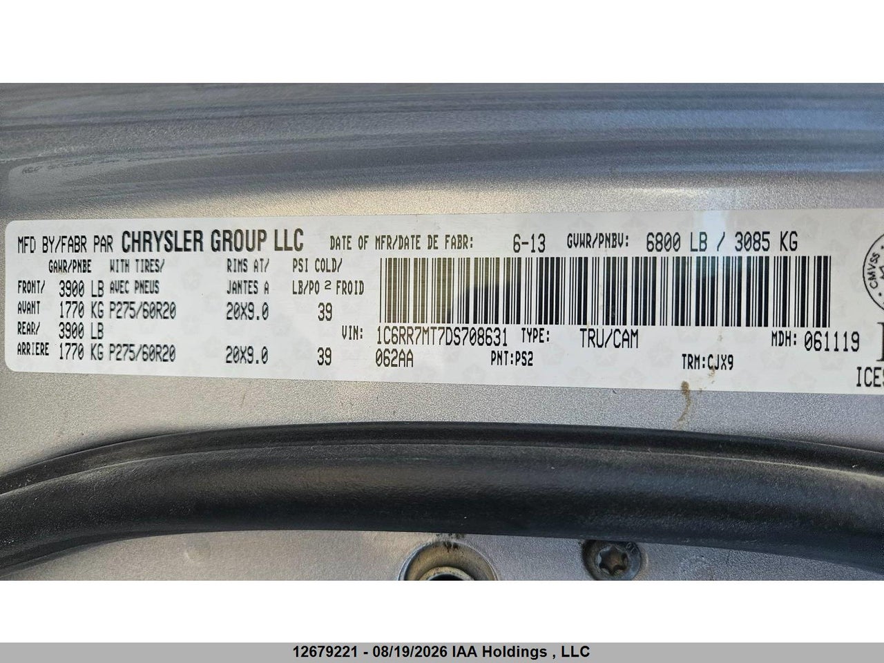 1C6RR7MT7DS708631 · 2013 RAM 1500 SPORT · 6/19