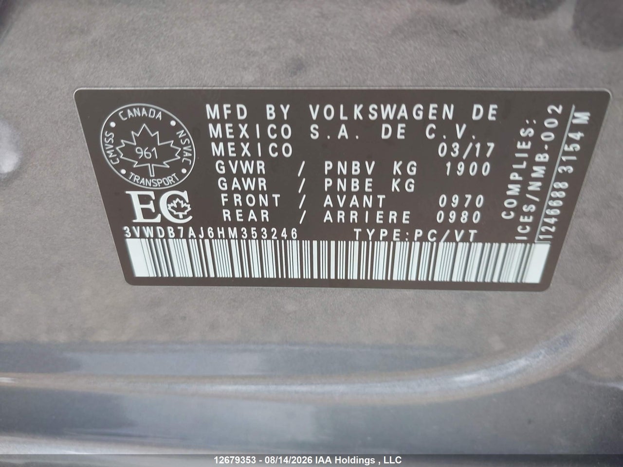 3VWDB7AJ6HM353246 · 2017 VOLKSWAGEN JETTA · 9/19