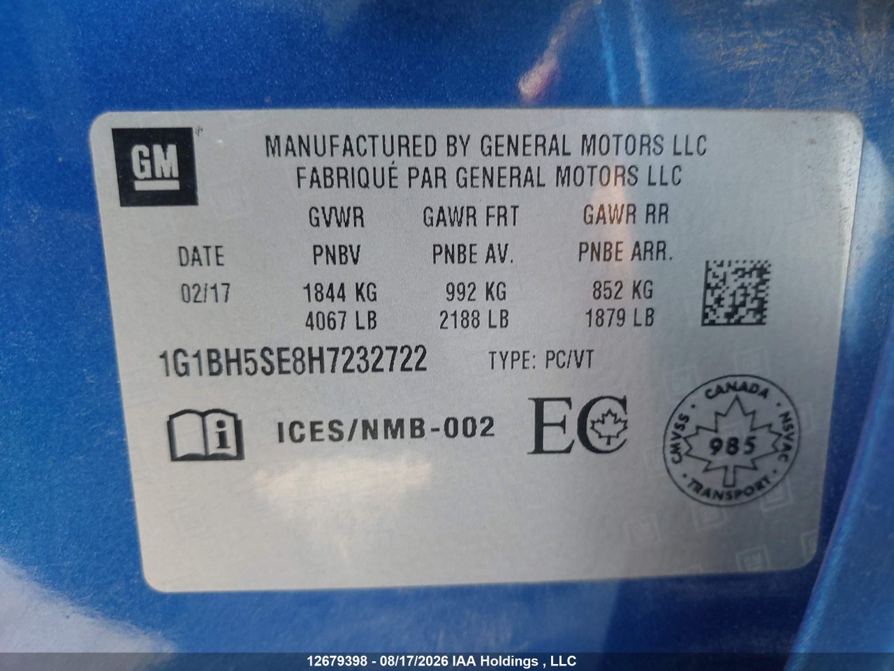 1G1BH5SE8H7232722 · 2017 CHEVROLET CRUZE LT AUTO · 9/21