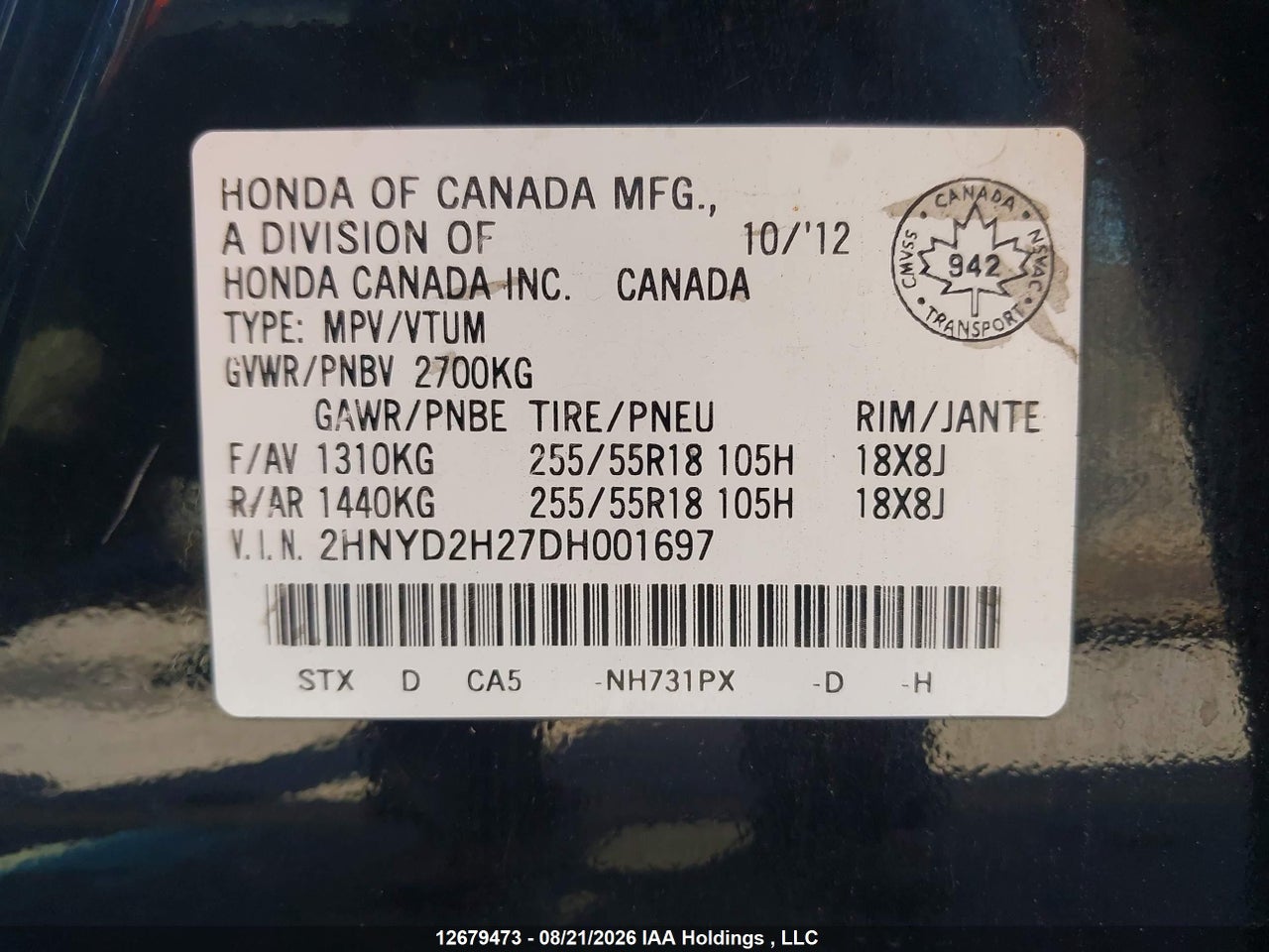 2HNYD2H27DH001697 · 2013 ACURA MDX · 9/17
