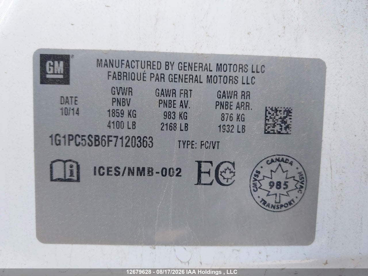 1G1PC5SB6F7120363 · 2015 CHEVROLET CRUZE 1LT · 9/22