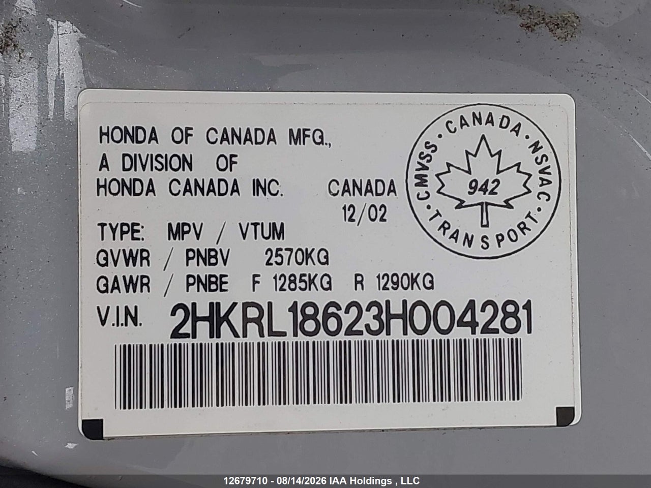 2HKRL18623H004281 · 2003 HONDA ODYSSEY · 9/18