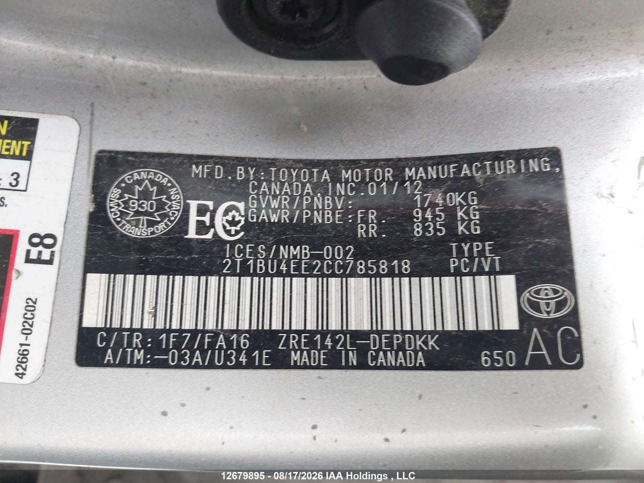 2T1BU4EE2CC785818 · 2012 TOYOTA COROLLA CE · 9/16
