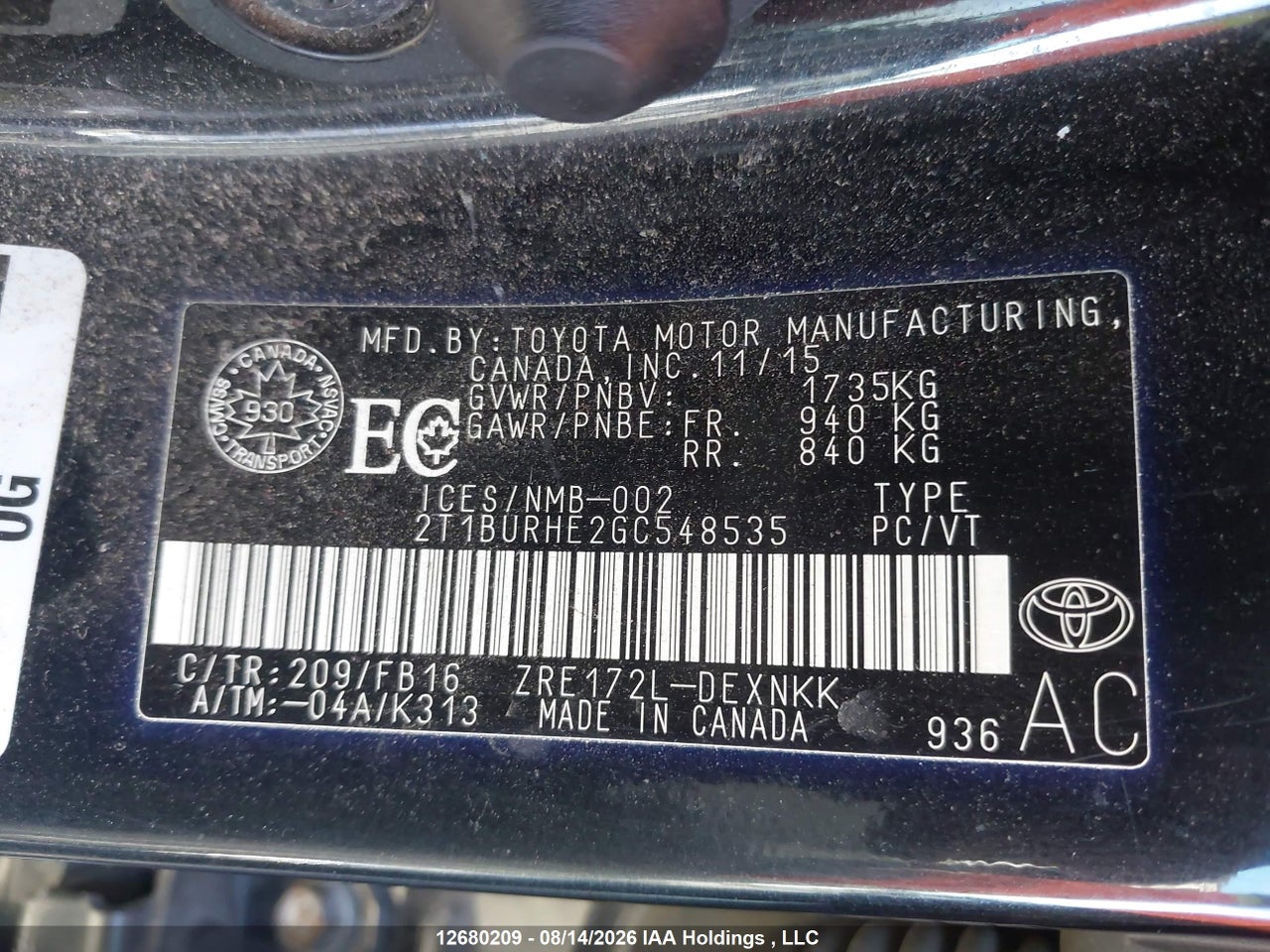 2T1BURHE2GC548535 · 2016 TOYOTA COROLLA LE · 9/23