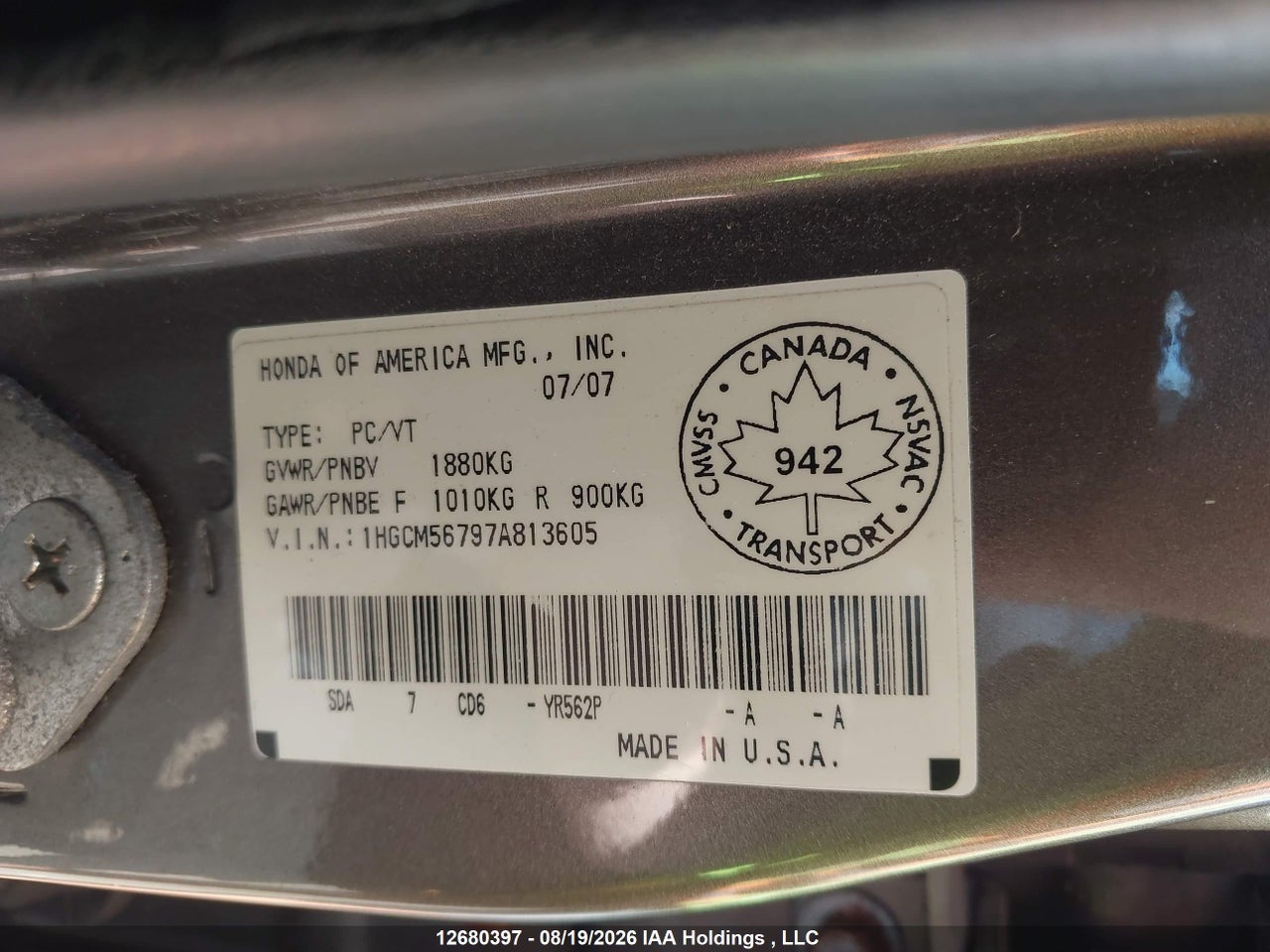 1HGCM56797A813605 · 2007 HONDA ACCORD EX-L/SE · 9/19