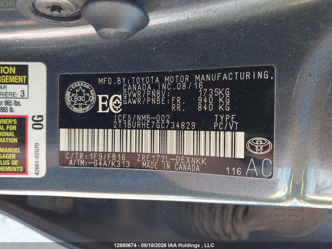 2T1BURHE7GC734829 · 2016 TOYOTA COROLLA LE · 9/20