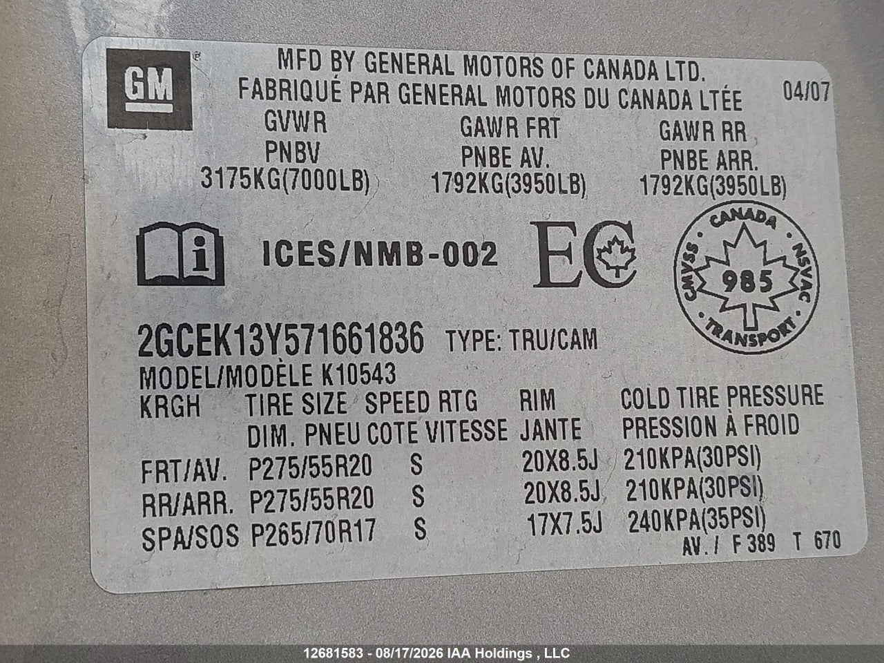 2GCEK13Y571661836 · 2007 CHEVROLET SILVERADO K1500 CREW CAB · 9/21
