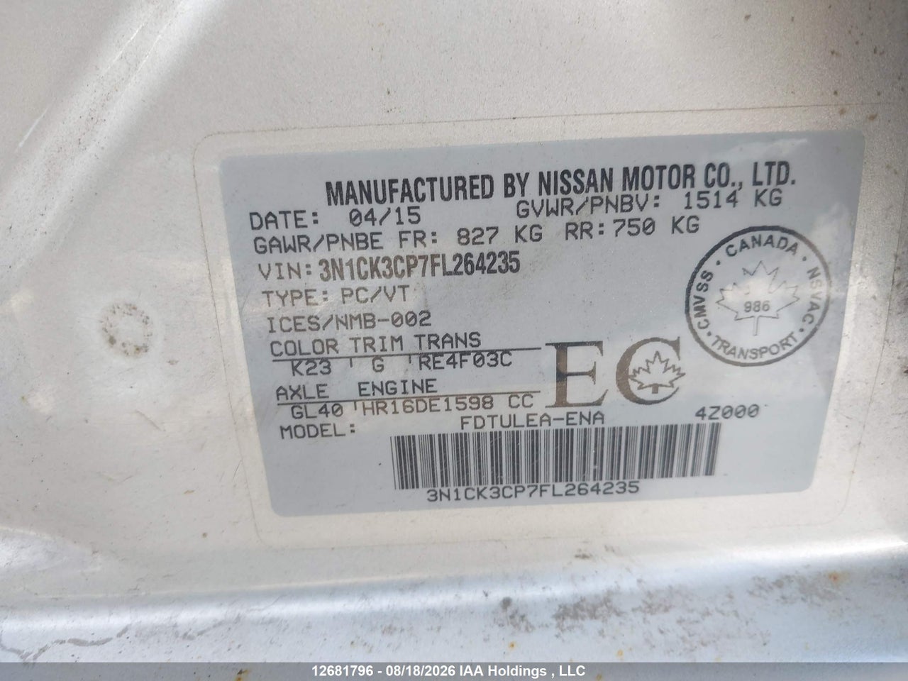 3N1CK3CP7FL264235 · 2015 NISSAN MICRA · 9/19