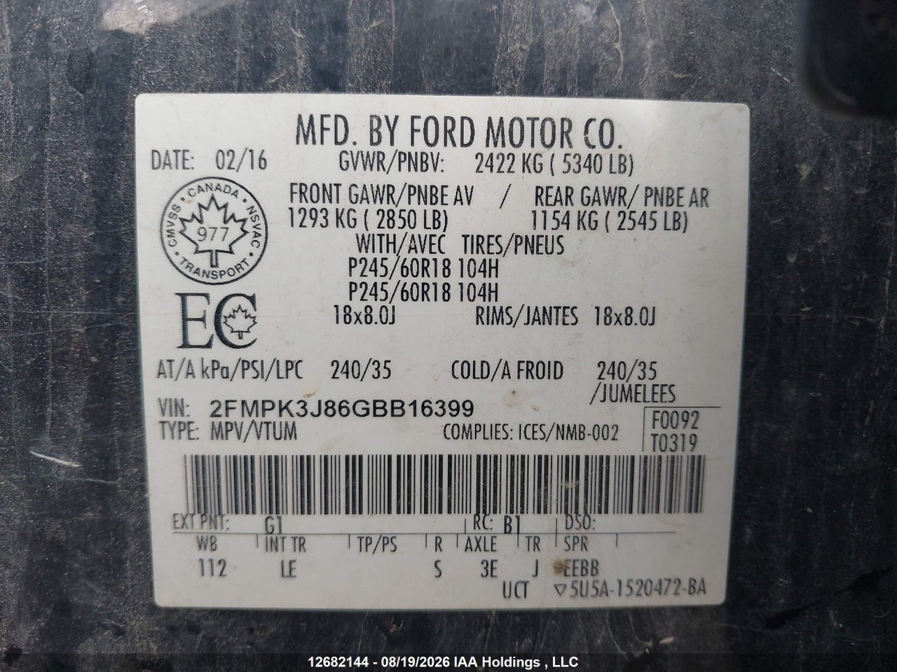 2FMPK3J86GBB16399 · 2016 FORD EDGE SEL · 9/20
