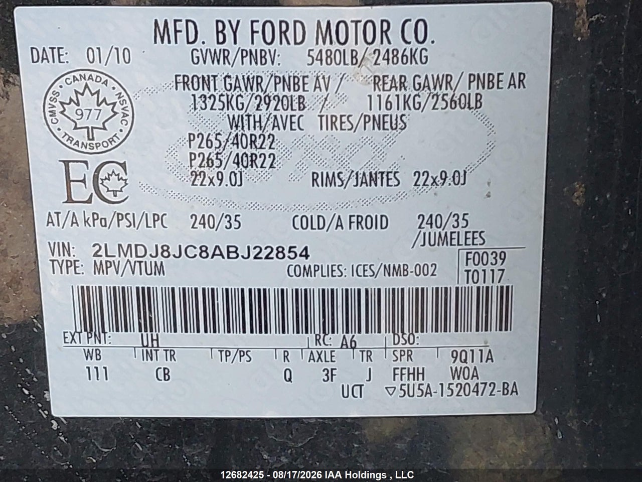 2LMDJ8JC8ABJ22854 · 2010 LINCOLN MKX · 9/18