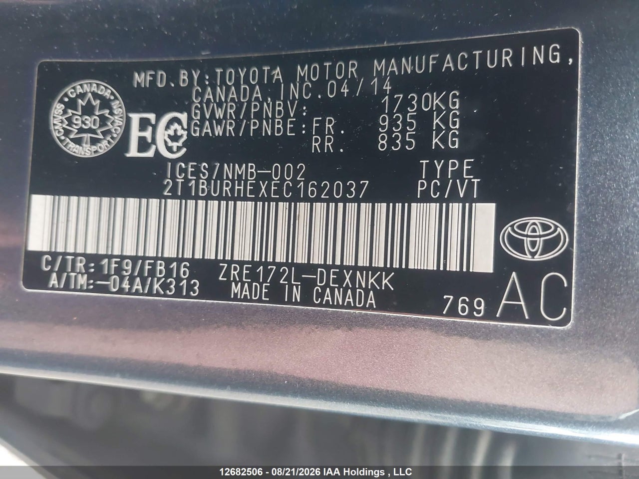 2T1BURHEXEC162037 · 2014 TOYOTA COROLLA L/LE/LE PLS/PRM/S/S PLS · 9/17