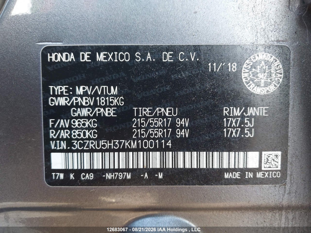 3CZRU5H37KM100114 · 2019 HONDA HR-V LX · 9/21