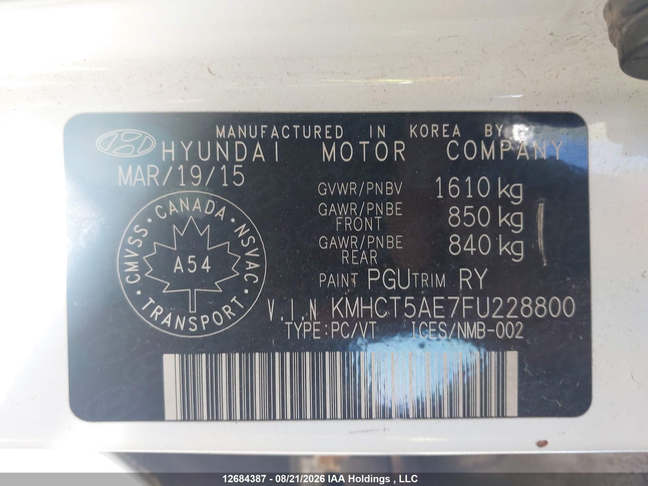 KMHCT5AE7FU228800 · 2015 HYUNDAI ACCENT GL · 9/17