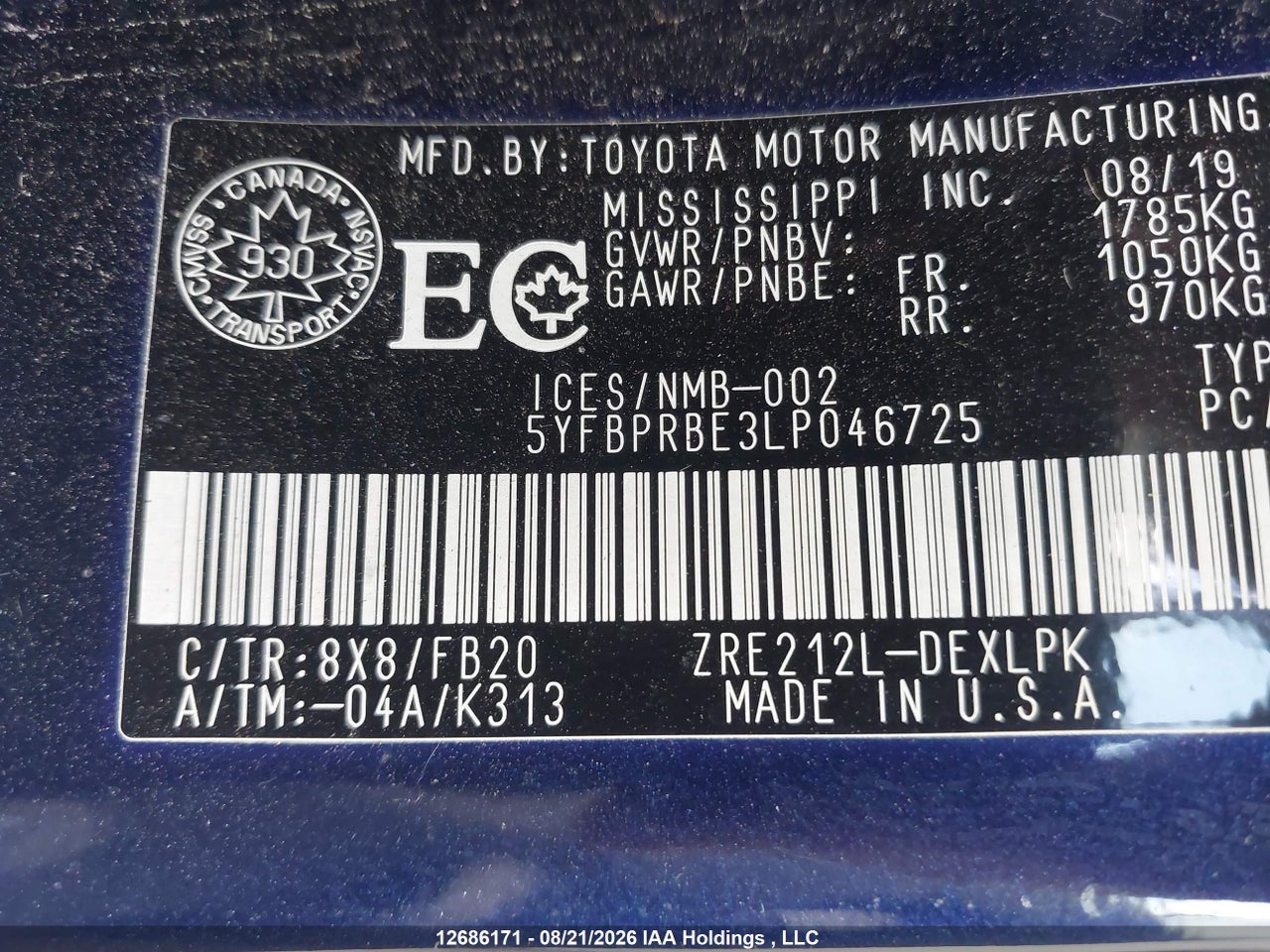 5YFBPRBE3LP046725 · 2020 TOYOTA COROLLA LE · 9/17