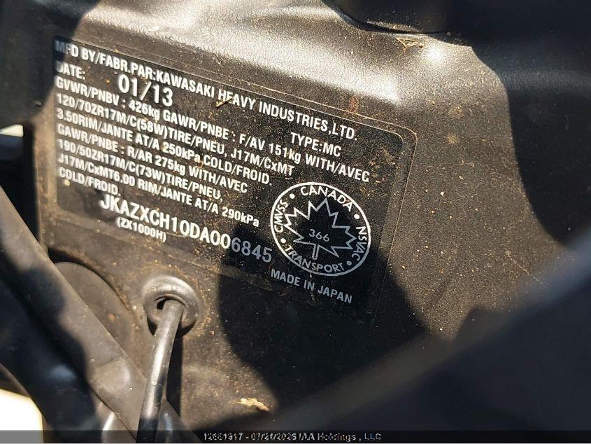 JKAZXCH10DA006845 · 2013 KAWASAKI ZX1000 H · 10/22