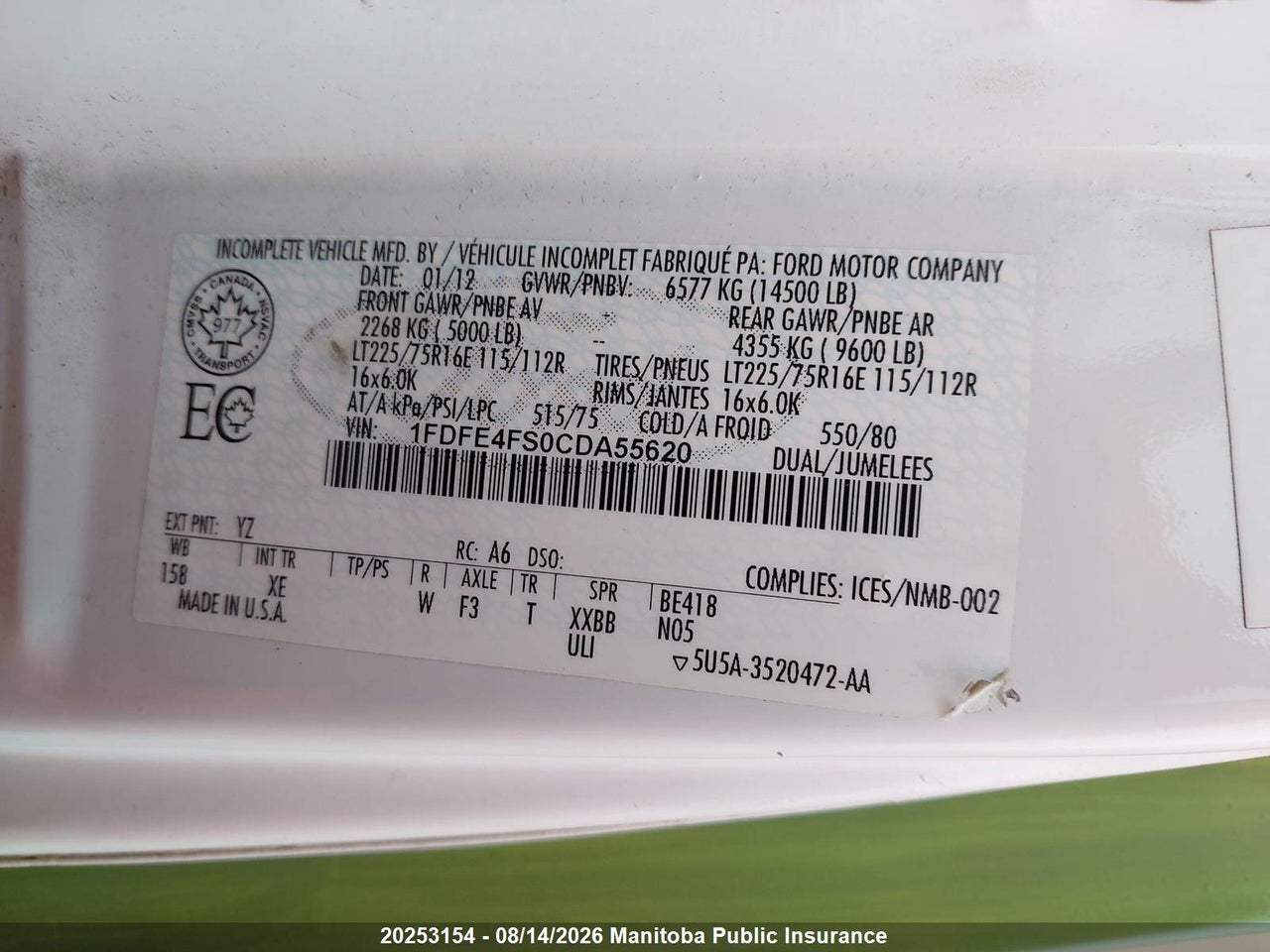 1FDFE4FS0CDA55620 · 2012 FORD E450 · 9/15