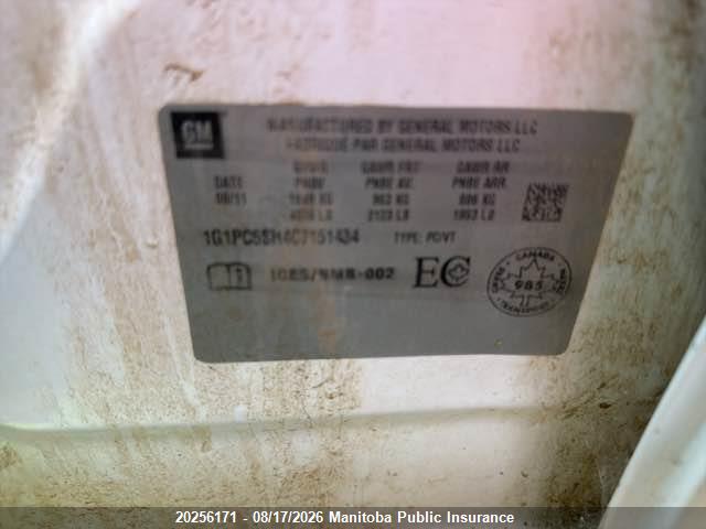 1G1PC5SH4C7151434 · 2012 CHEVROLET CRUZE LS · 9/11