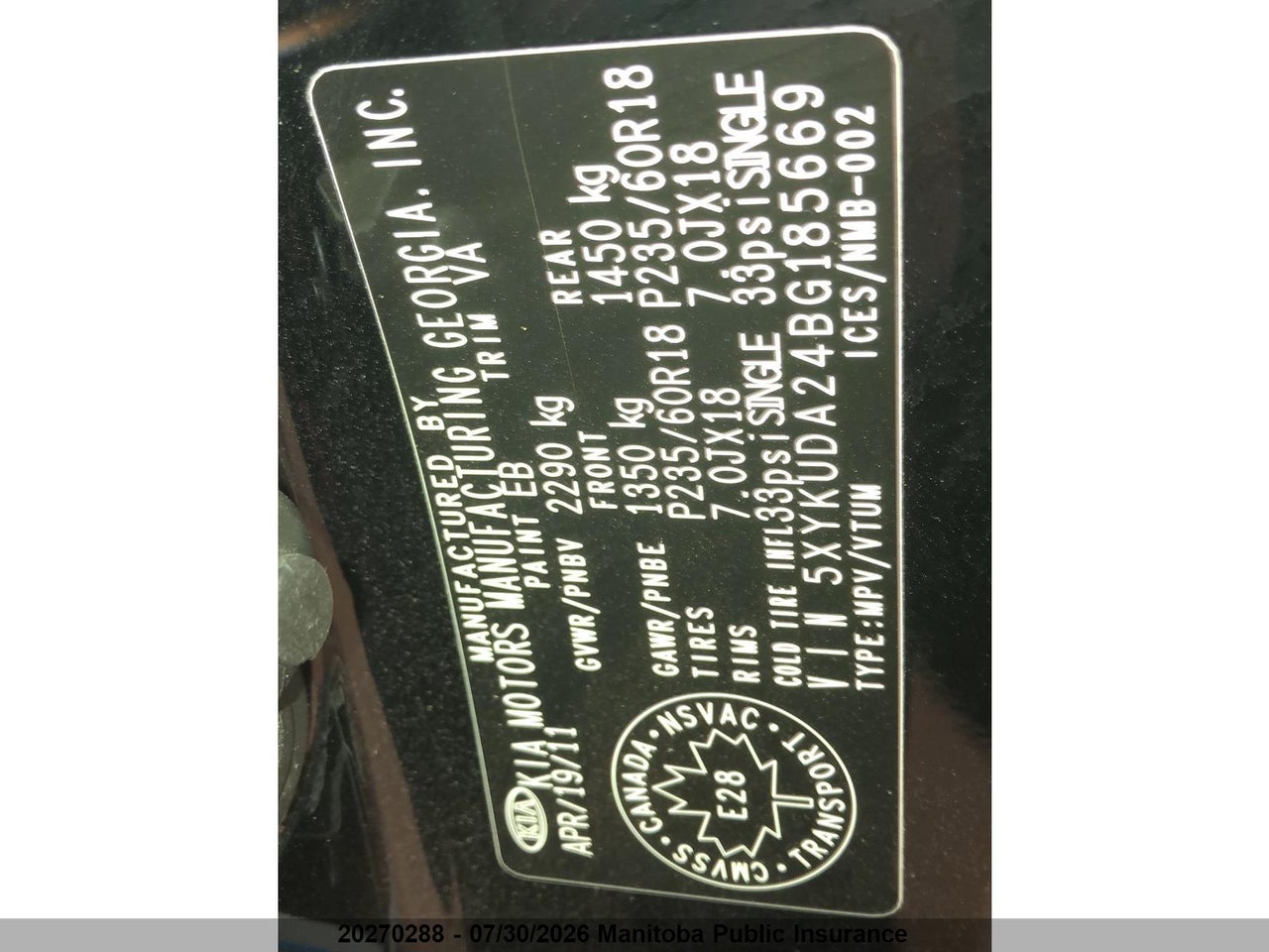 5XYKUDA24BG185669 · 2011 KIA SORENTO EX V6