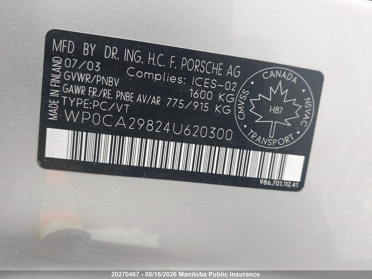 WP0CA29824U620300 · 2004 PORSCHE BOXSTER · 9/24