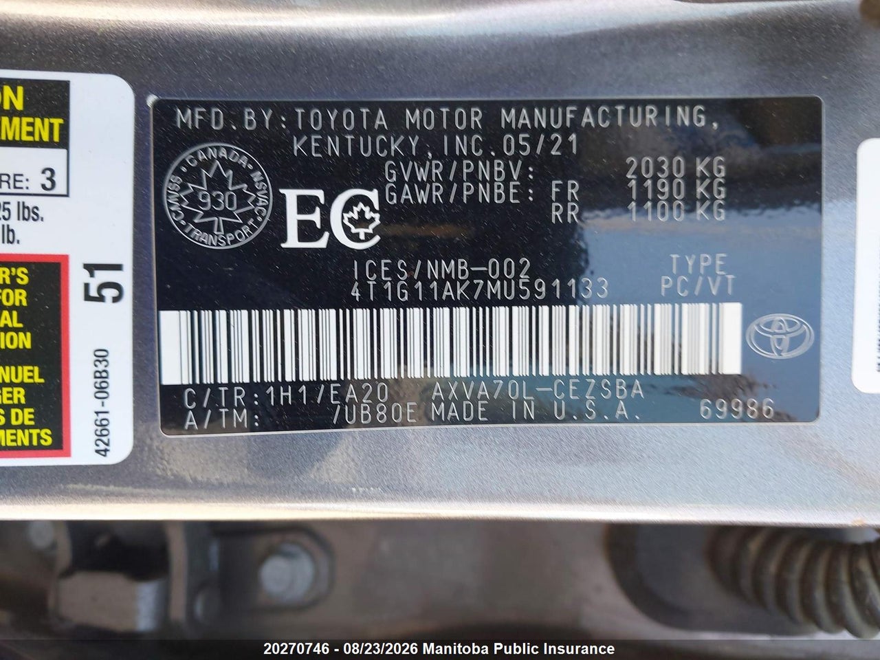 4T1G11AK7MU591133 · 2021 TOYOTA CAMRY SE · 9/16