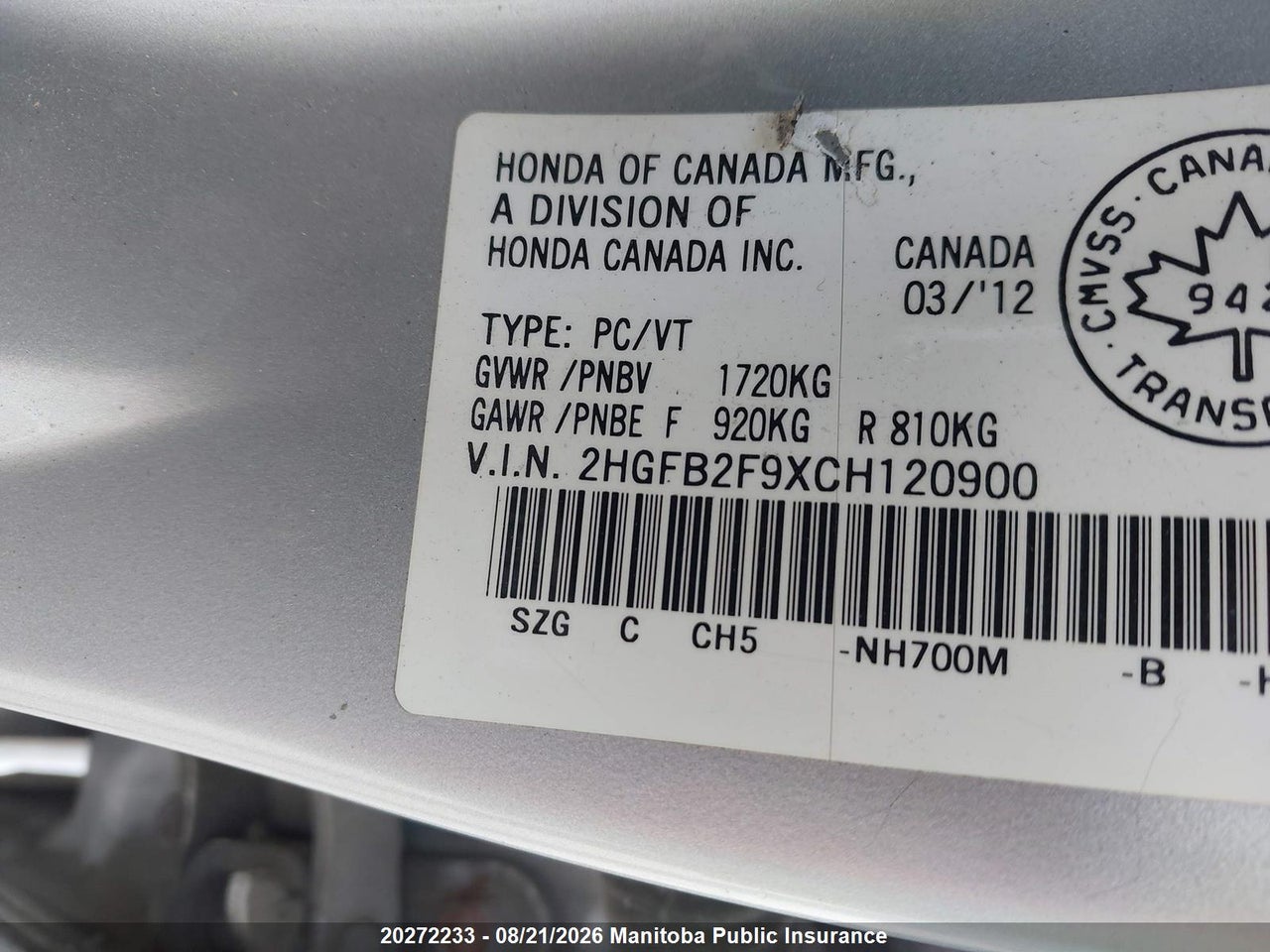 2HGFB2F9XCH120900 · 2012 HONDA CIVIC EX-L · 9/13