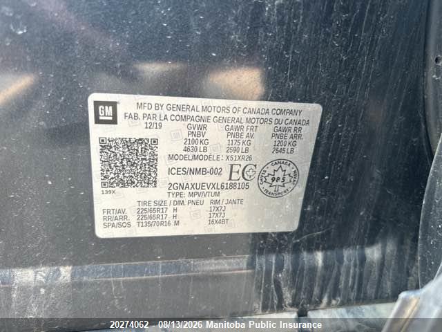 2GNAXUEVXL6188105 · 2020 CHEVROLET EQUINOX LT · 9/12