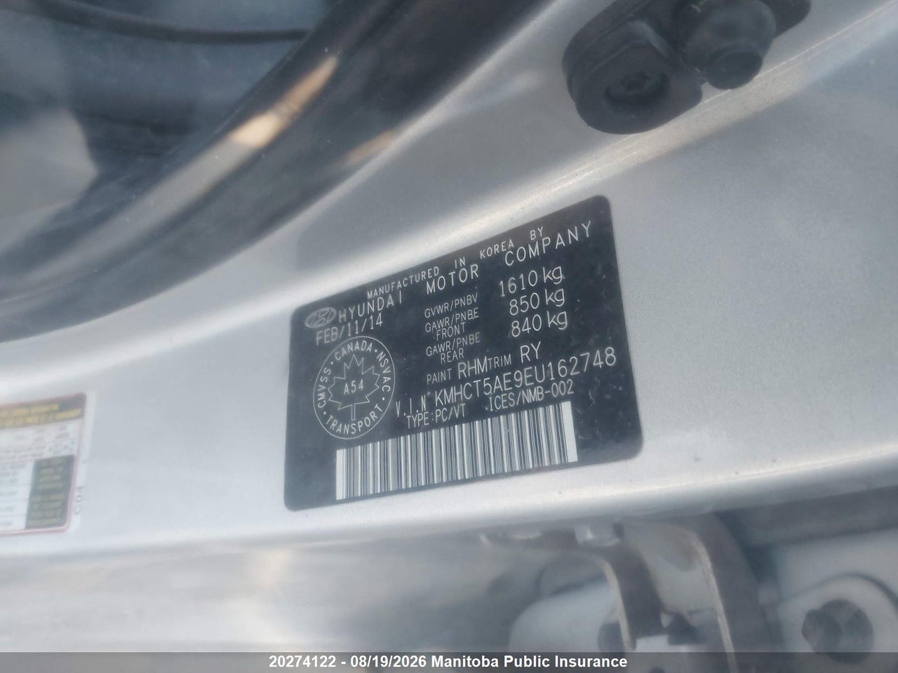 KMHCT5AE9EU162748 · 2014 HYUNDAI ACCENT GL · 9/16