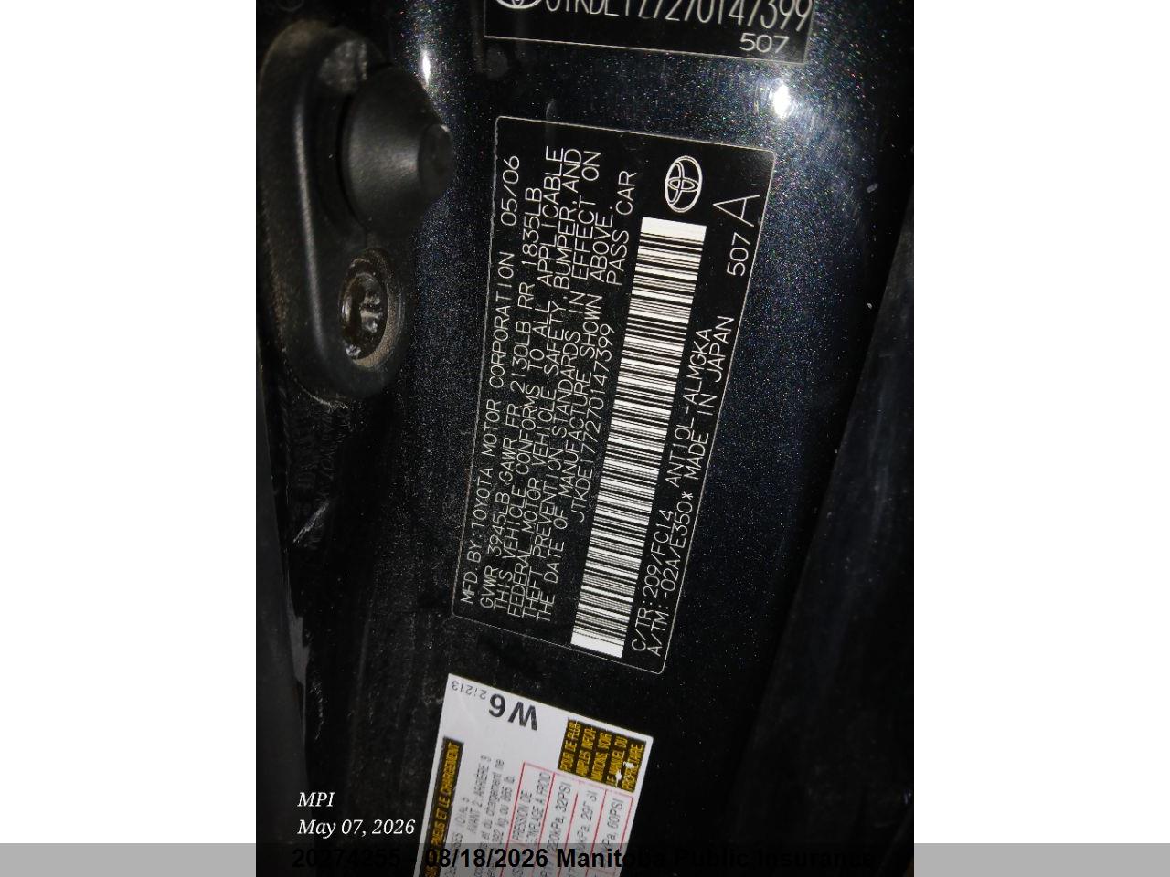JTKDE177270147399 · 2007 SCION TC · 6/12