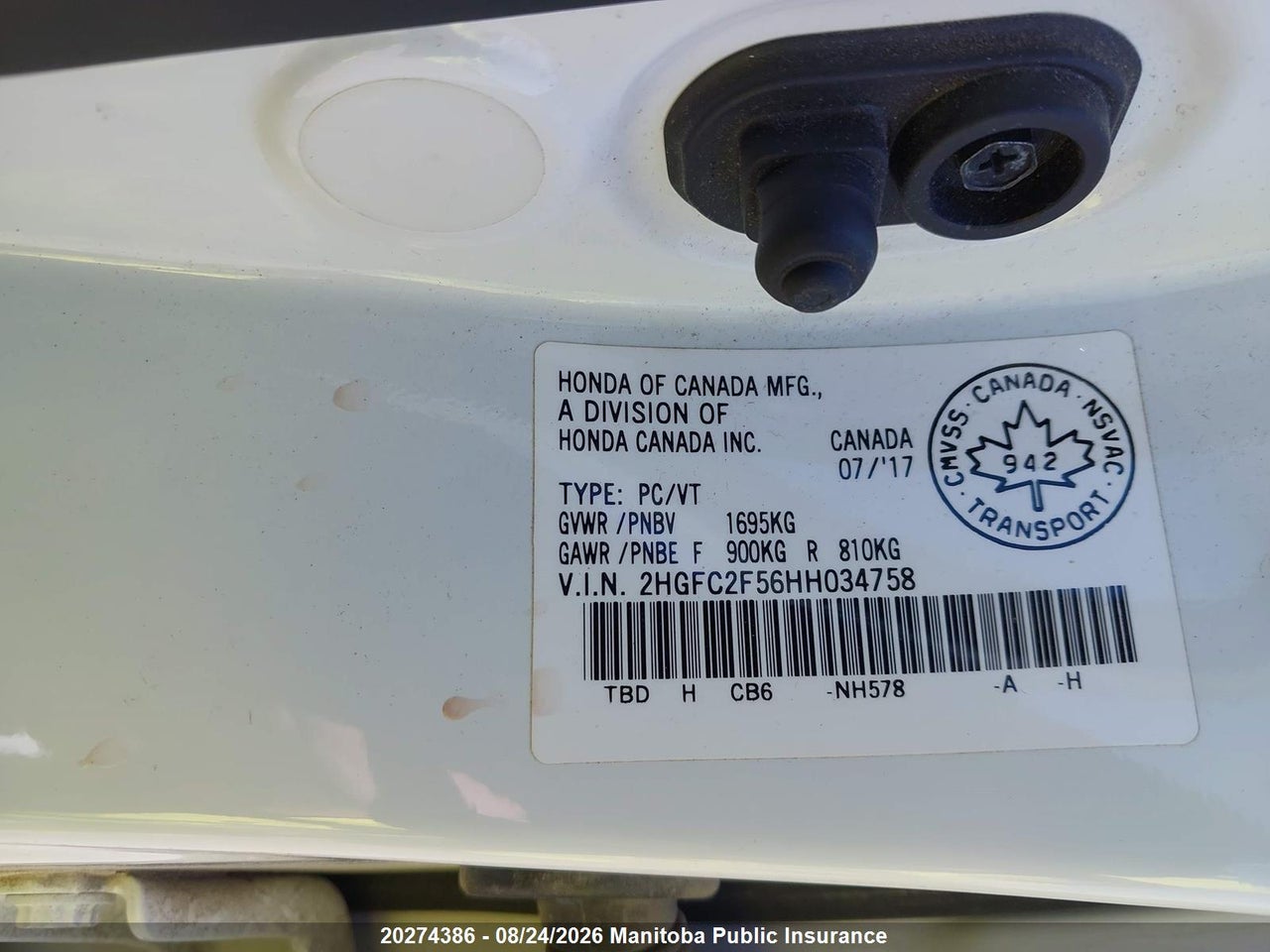 2HGFC2F56HH034758 · 2017 HONDA CIVIC LX · 9/17