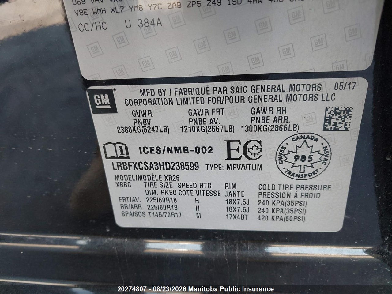 LRBFXCSA3HD238599 · 2017 BUICK ENVISION · 9/18