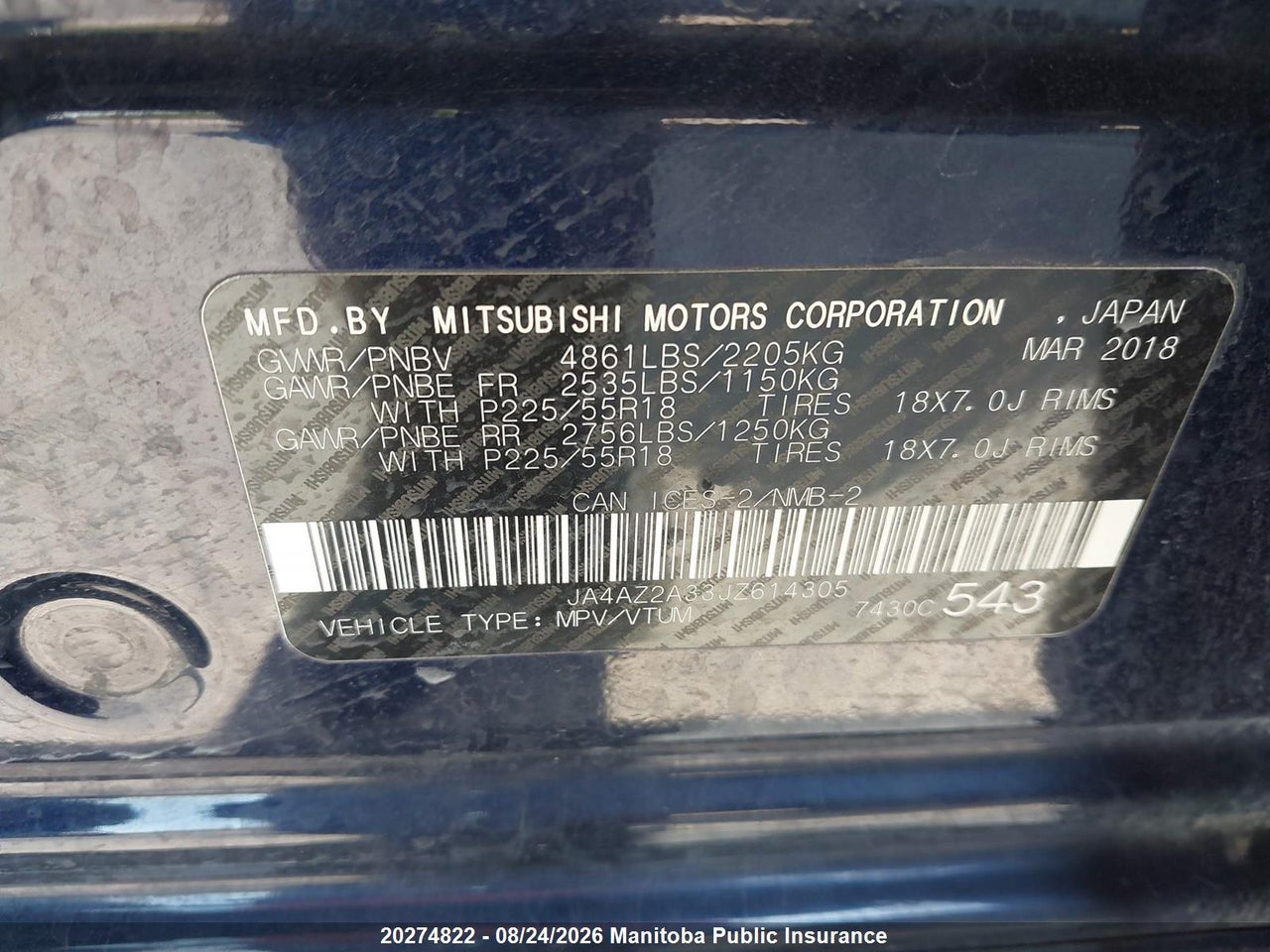 JA4AZ2A33JZ614305 · 2018 MITSUBISHI OUTLANDER ES · 9/18
