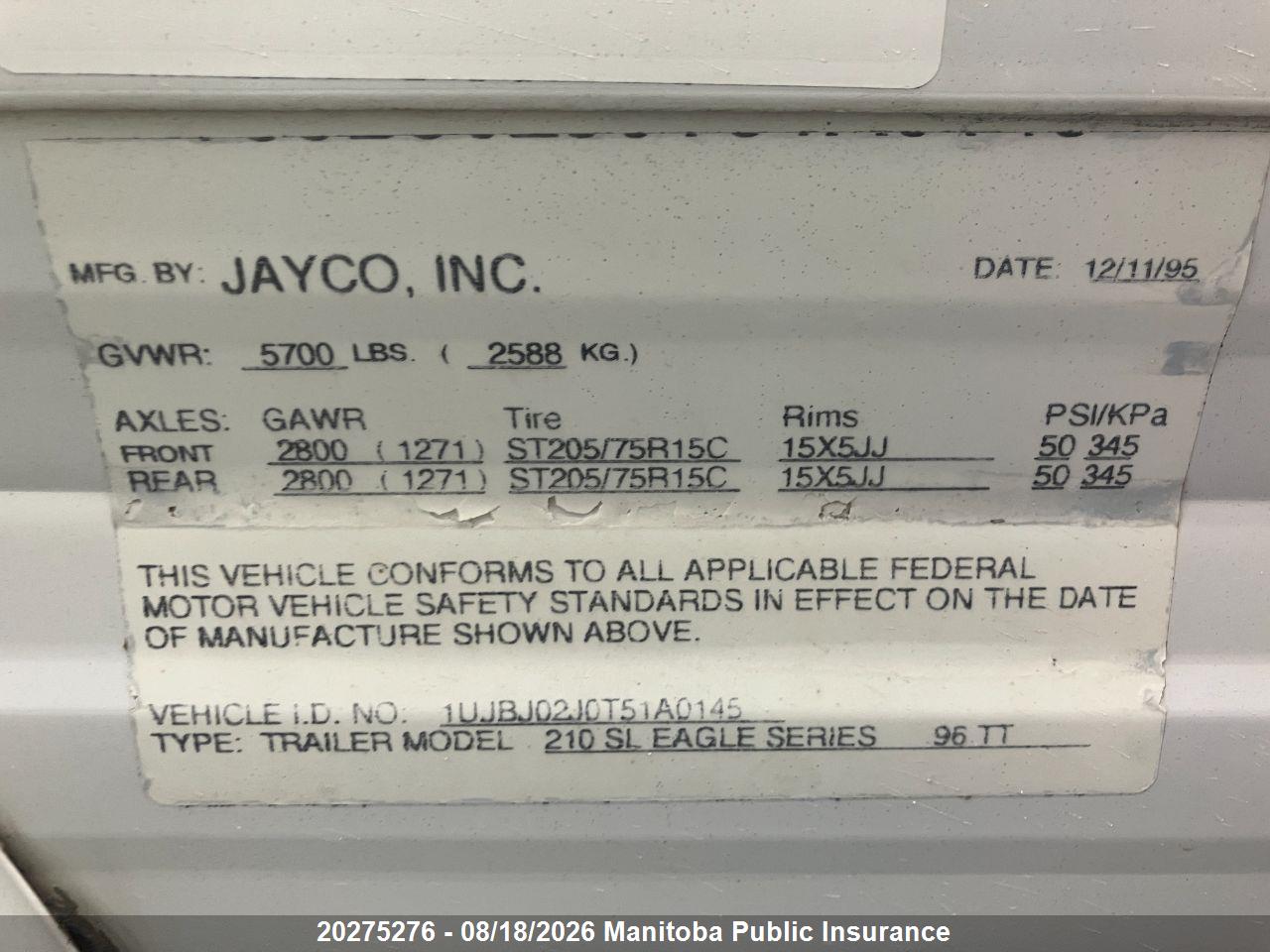 1UJBJ02J0T51A0145 · 1996 JAYCO EAGLE SL · 5/15