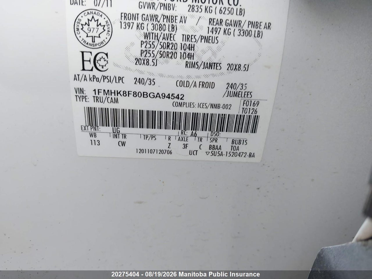 1FMHK8F80BGA94542 · 2011 FORD EXPLORER LIMITED · 7/12