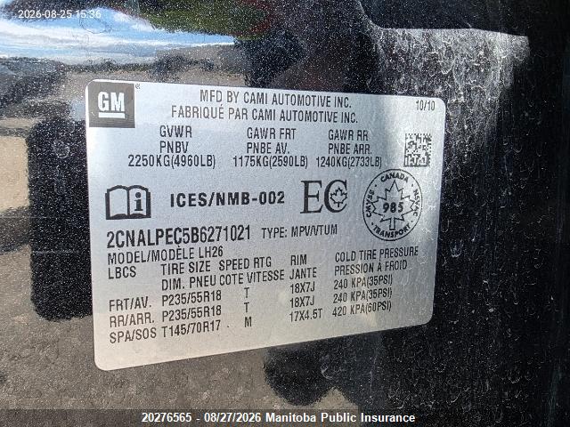 2CNALPEC5B6271021 · 2011 CHEVROLET EQUINOX LT · 5/8