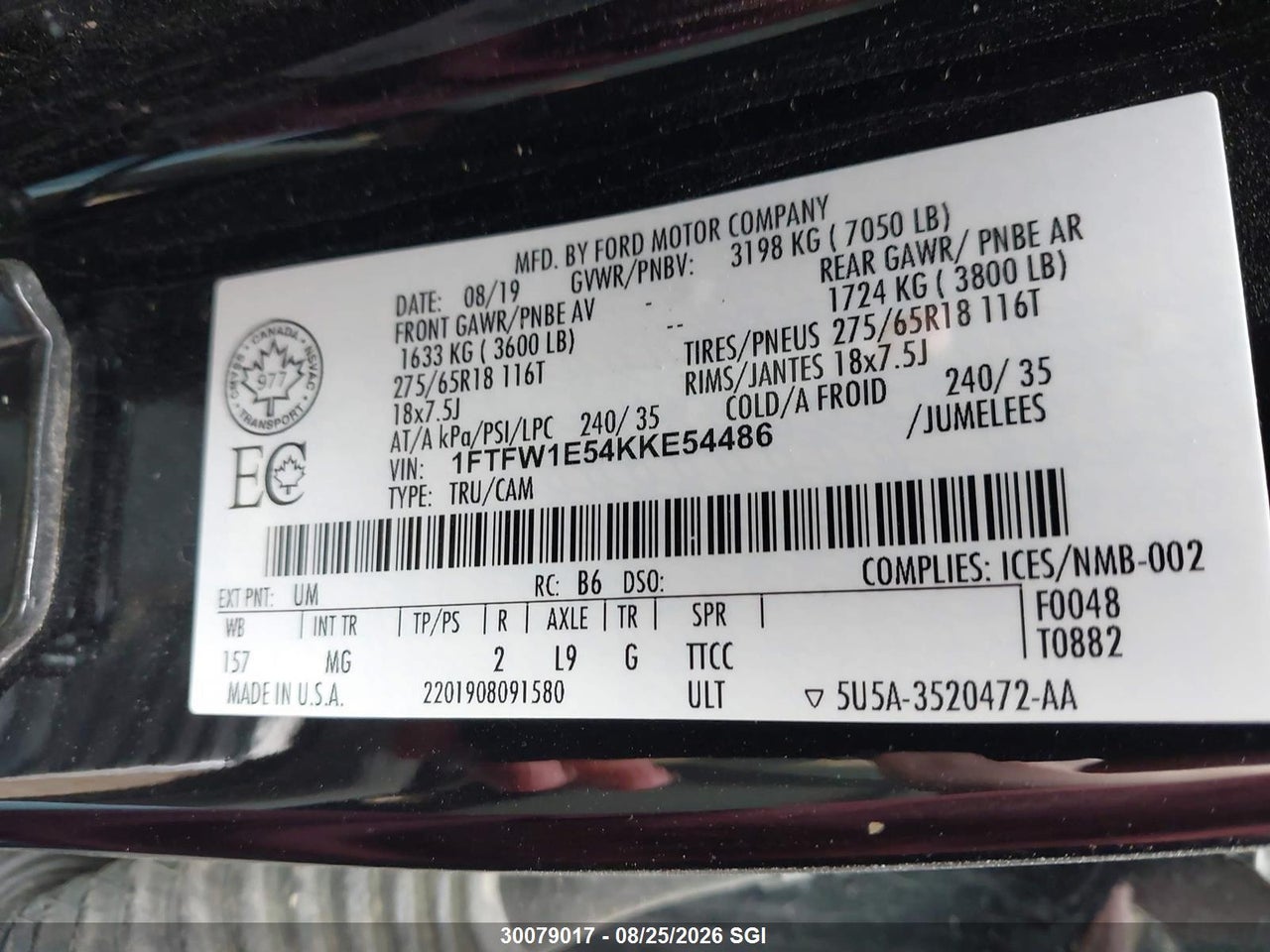1FTFW1E54KKE54486 · 2019 FORD F150 SUPERCREW · 9/16