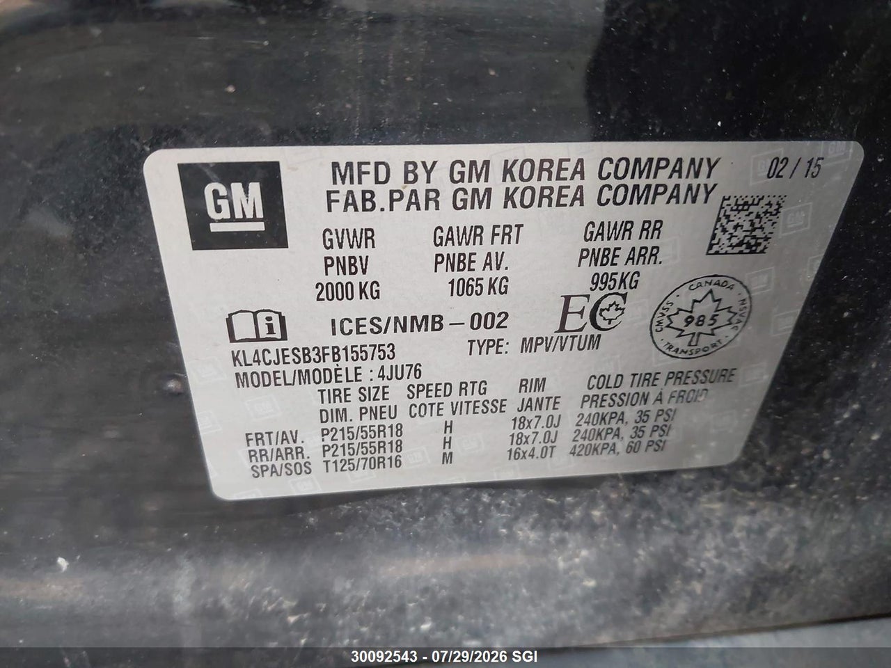 KL4CJESB3FB155753 · 2015 BUICK ENCORE · 9/18