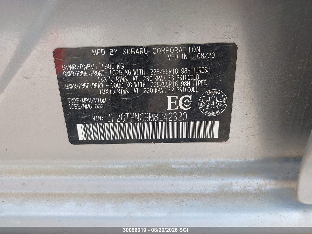 JF2GTHNC9M8242320 · 2021 SUBARU CROSSTREK LIMITED · 9/18