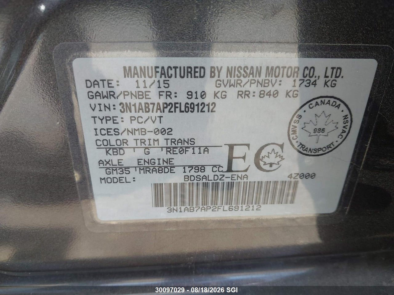 3N1AB7AP2FL691212 · 2015 NISSAN SENTRA S/SV/SR/SL · 9/17