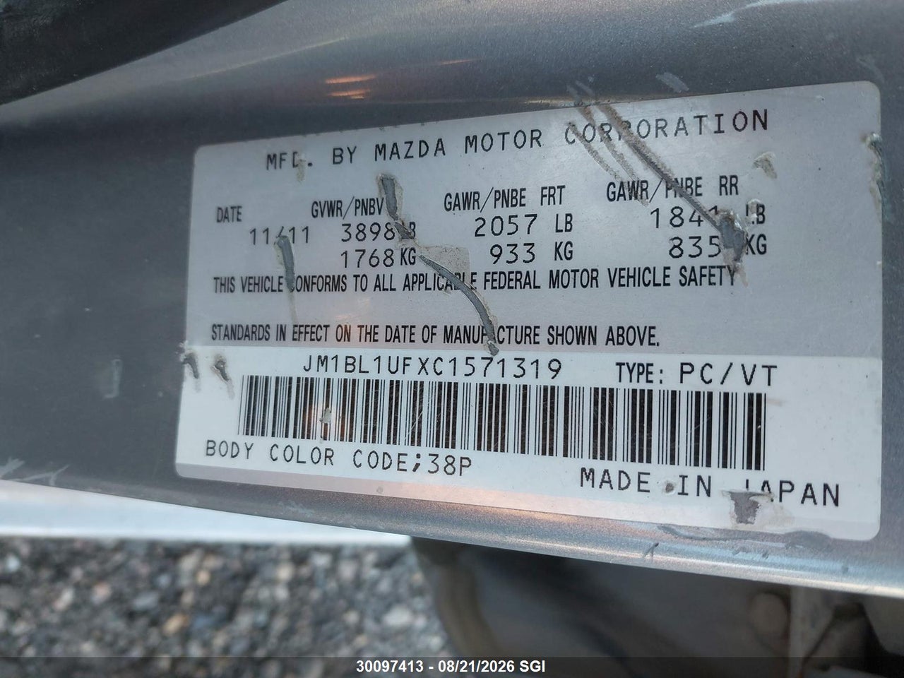 JM1BL1UFXC1571319 · 2012 MAZDA 3 I · 7/11
