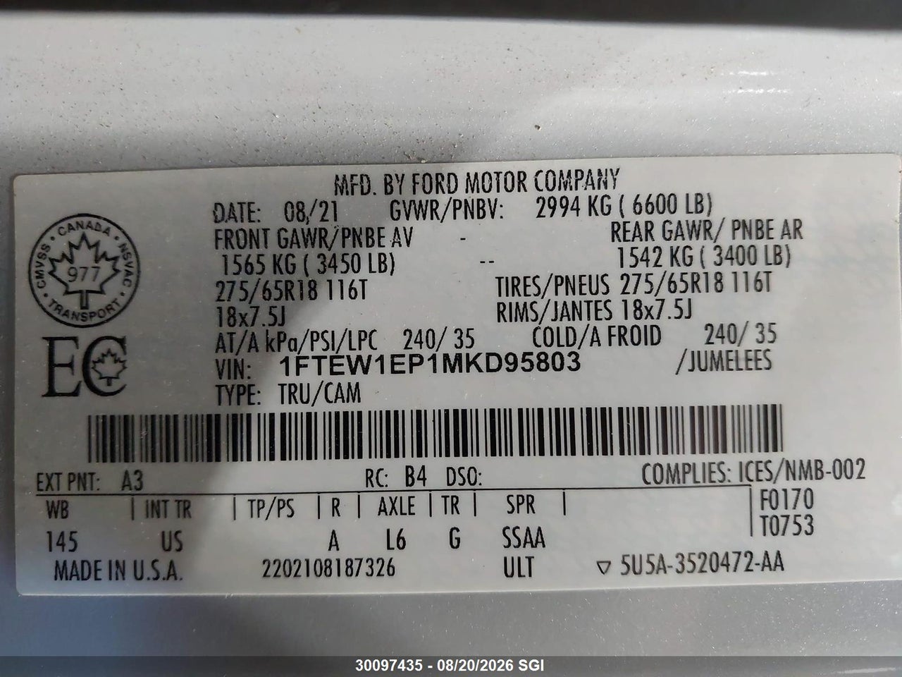 1FTEW1EP1MKD95803 · 2021 FORD F150 SUPERCREW · 9/17