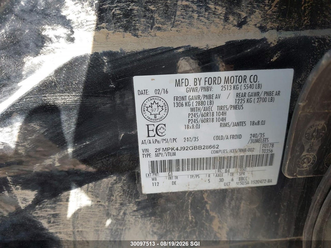 2FMPK4J92GBB28662 · 2016 FORD EDGE SEL · 9/16