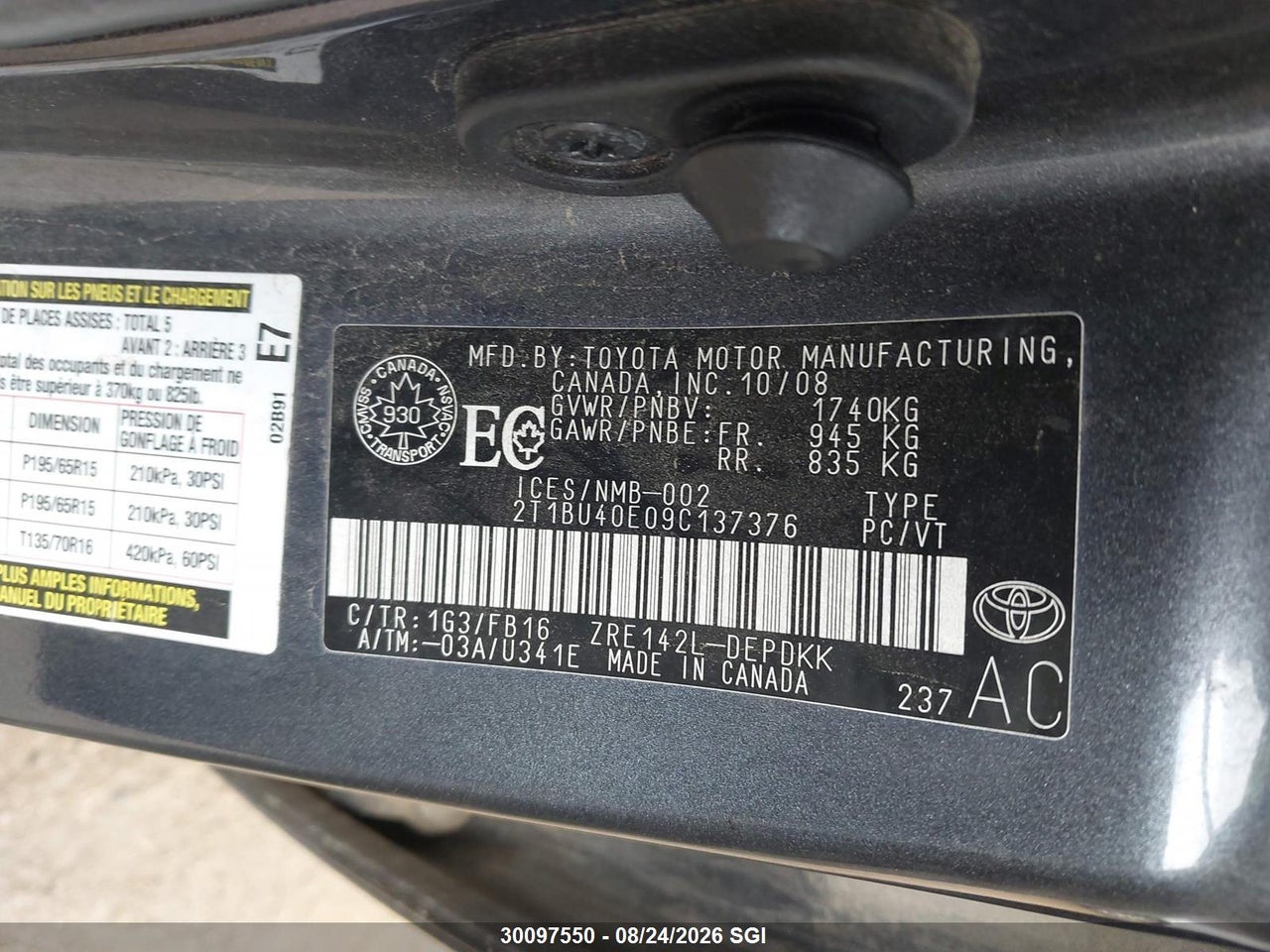 2T1BU40E09C137376 · 2009 TOYOTA COROLLA S/LE/XLE · 9/12