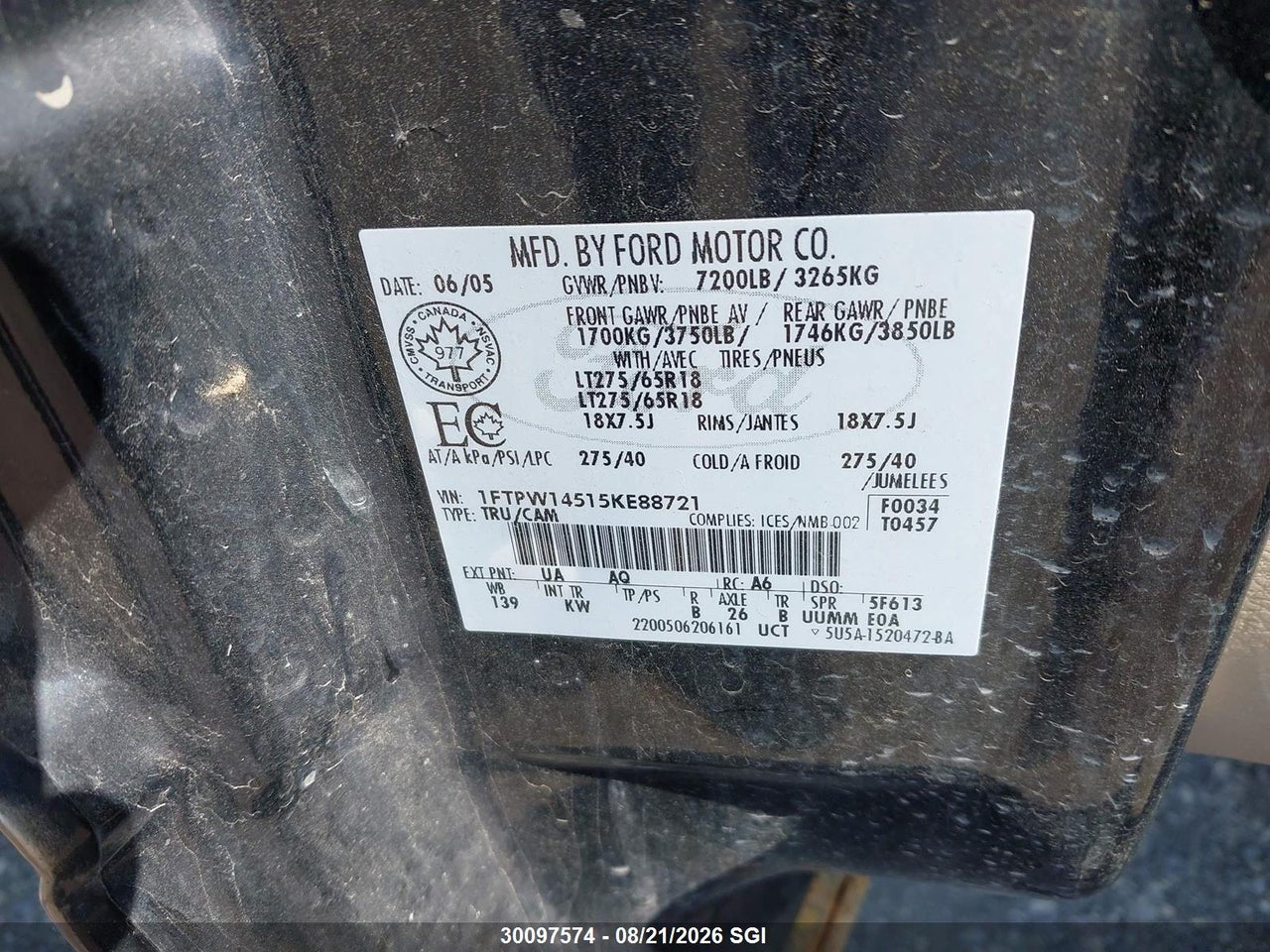 1FTPW14515KE88721 · 2005 FORD F150 SUPERCREW · 9/14